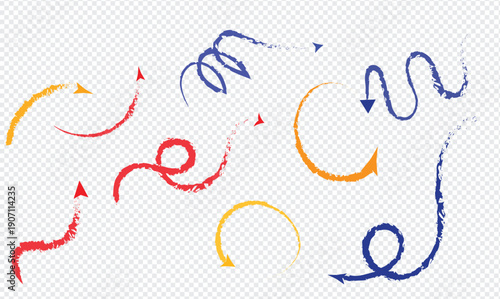 Colorful crayon scribbles and arrows on a transparent background
