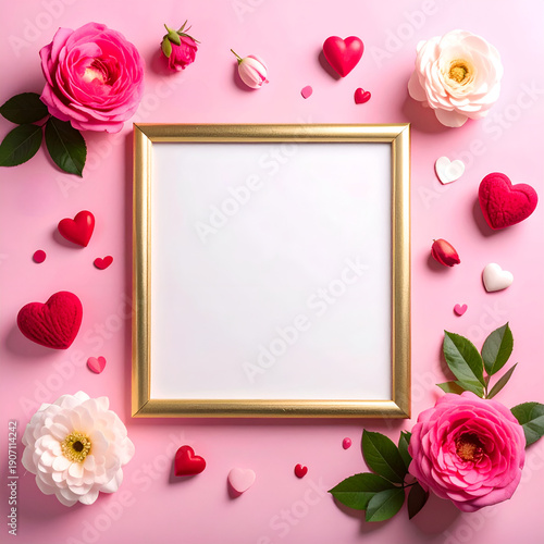 Wallpaper Mural Valentine's Day elegant golden frame with pink and white roses and hearts on soft pink background with copy space. Torontodigital.ca