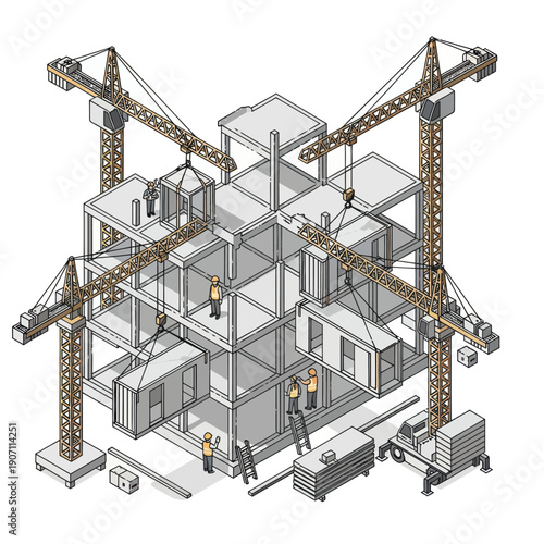 Construction Site with Building and Cranes.