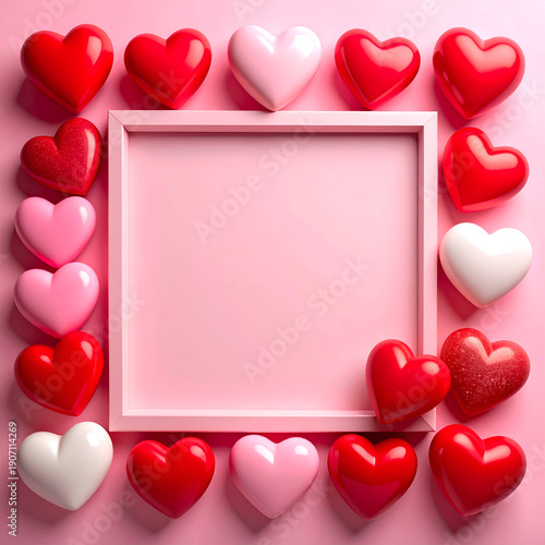 Wallpaper Mural Pink square frame surrounded by red and white hearts on soft pink background. Torontodigital.ca