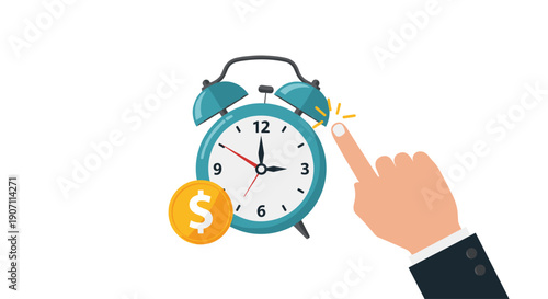 A human hand reaches out to press the top of a blue alarm clock, positioned next to a shiny golden dollar coin.