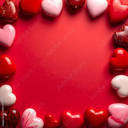 Wallpaper Mural Romantic heart-shaped frame made of red and white hearts arranged as a border on a textured red background. Clean central copy space ideal for text, messages, or branding. Torontodigital.ca