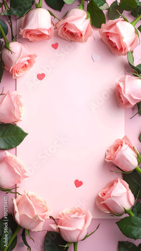 Wallpaper Mural Pink rose frame with hearts on pastel pink background, vertical. Torontodigital.ca