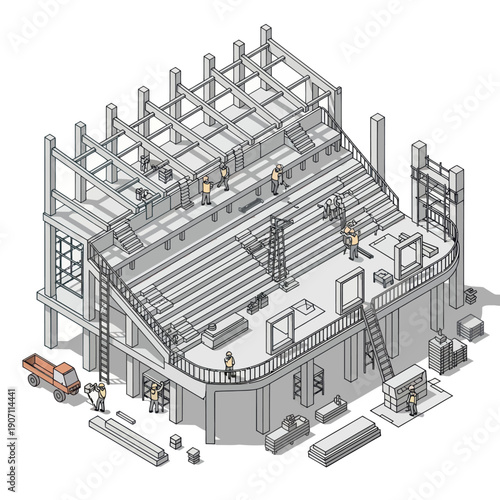 Building Construction Site with Steel Frame Structure.