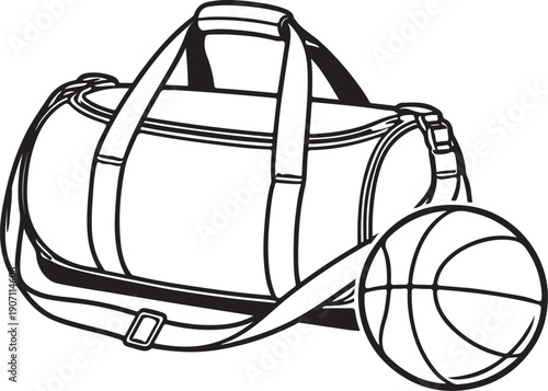 Basketball Duffel Bag and Ball Black and White Line Art.eps