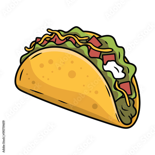 Cartoon illustration of a hard shell taco filled with lettuce, cheese, tomatoes, and sour cream