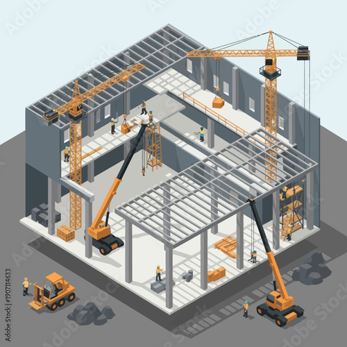 Construction Site with Cranes and Buildings.