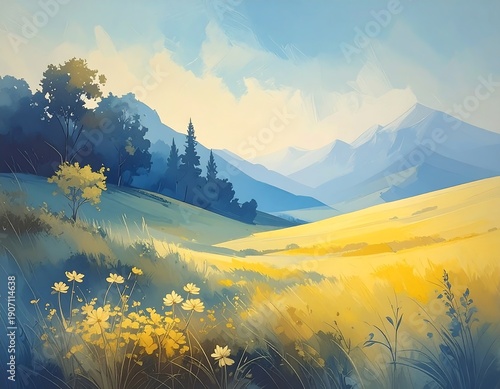 Painted landscape of rolling hills leading to misty mountains under a bright sky with flowers in foreground
