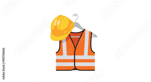 A yellow hard hat and an orange reflective safety vest are hanging together on a simple white clothes hanger.