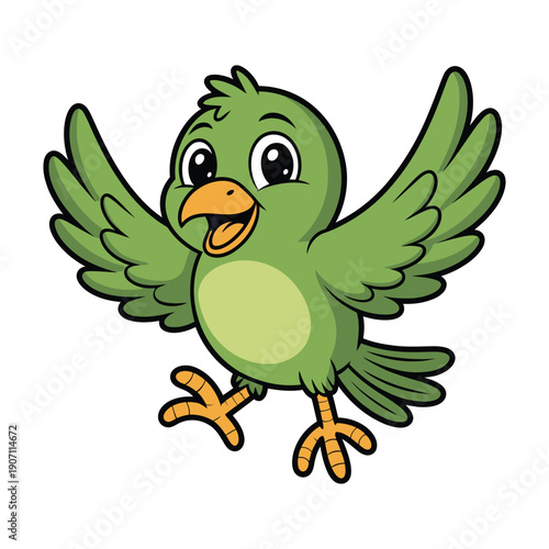 Cute cartoon green bird flying with wings spread, happy expression