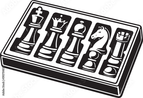 Chess Piece Set Storage Tray Black and White Line Art.eps