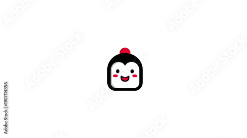 A smiling, cartoonish face with rounded edges, a red dot on top, and black outlines