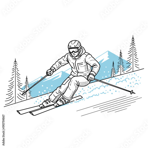 Minimalist downhill skier variable line art — winter sport action icon vector
