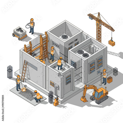 Construction Site with Workers and Machinery.