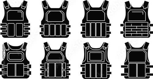 Tactical body armor silhouette illustration set, eight black vests with varied protective padding straps panel designs, vector artwork, military and security theme, isolated background