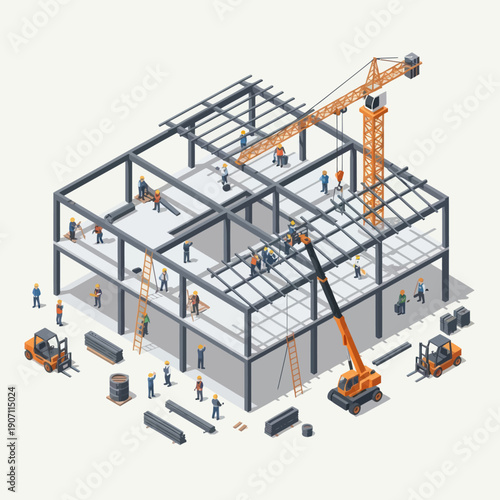 Construction Site with Crane and Workers.