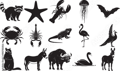 Collection of animal silhouettes from diverse habitats