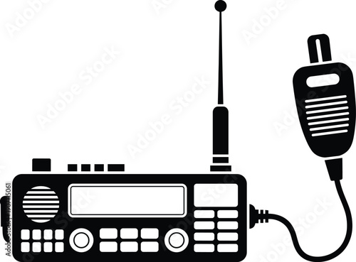 Black and white of a portable radio transceiver with attached microphone and antenna