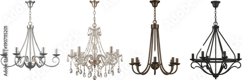 Luxury vector set of four interior chandeliers featuring elegant crystal pendant modern minimalist and classic wrought iron lamp designs for home lighting.