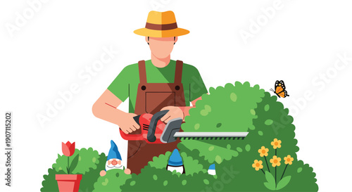 A gardener trims a green hedge with an electric trimmer, amidst potted flowers and gnomes.