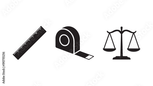 Measuring Tape and Scales in Simple Black Silhouette on White Background for Graphic Design