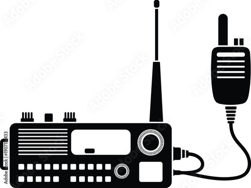 Black and white of a portable radio with attached microphone and antenna