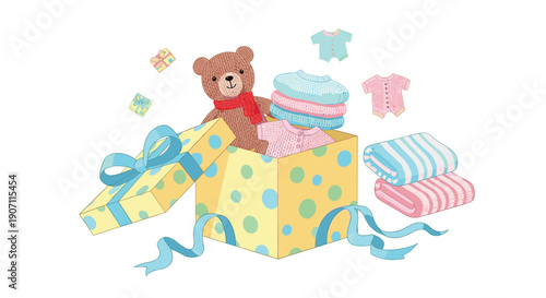 An open gift box reveals a teddy bear, folded baby clothes, and floating items.
