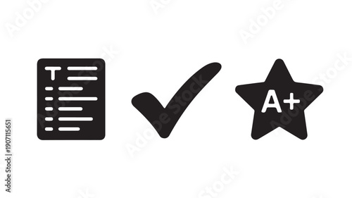 Approved document with checkmark and A star rating in simple black icon style on white background for educational grading