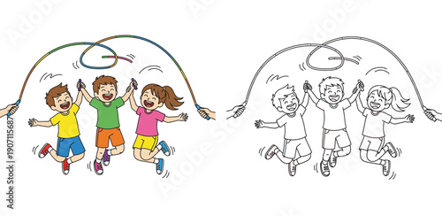 Happy children jumping rope together. Vector illustration of kids playing double dutch sport activity. Coloring book page outline and colorful version isolated on white background.