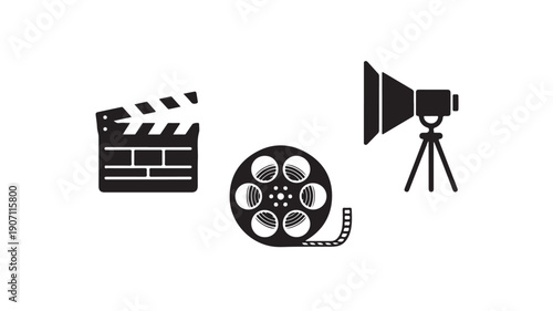Film clapboard, film reel, and camera on tripod in simple flat design with black color on white background for film industry