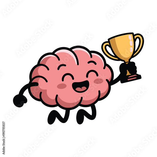 Cute cartoon brain character holding a trophy and smiling