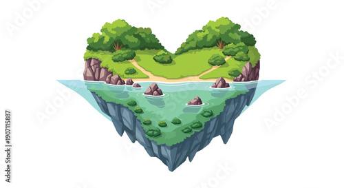 A heart-shaped floating island with lush vegetation and beaches surrounded by blue water.