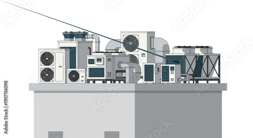 Numerous industrial HVAC units and ventilation systems are neatly installed on the flat rooftop of a modern building.