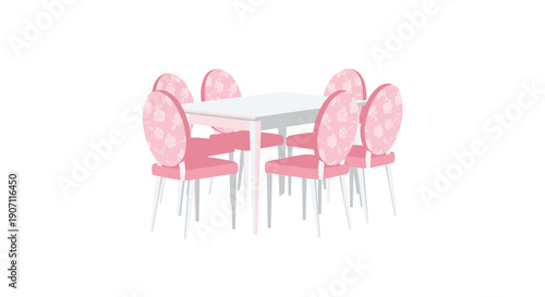 A minimalist illustration shows a white dining table surrounded by six pink upholstered chairs on a white background.