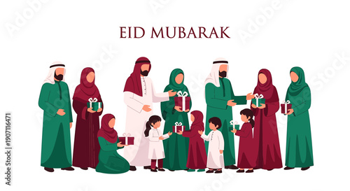 Eid mubarak celebration with muslim family exchanging gifts and wearing traditional clothing