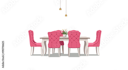 A luxurious illustration shows a wooden dining table surrounded by six pink velvet chairs with a vase of white flowers.