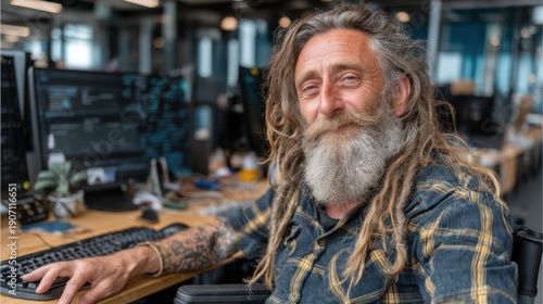 Smiling Bearded Man with Dreadlocks Working in Modern Office generated by AI