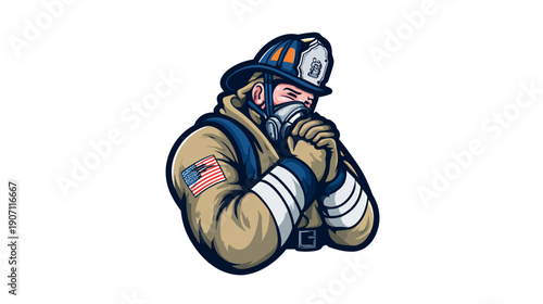 A stylized illustration depicting a firefighter in uniform with a respirator