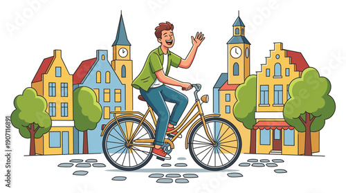Cyclist in urban environment waving happily with colorful buildings in the background