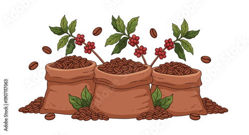 Three rustic burlap sacks overflowing with roasted coffee beans, accompanied by green branches with red coffee cherries and scattered beans.
