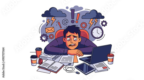 Overwhelmed worker at cluttered desk surrounded by papers, coffee cups, and stress symbols