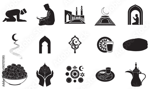 Islamic symbols for prayer, dates, and traditional architecture