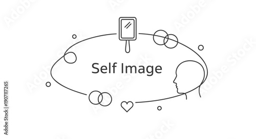 Vector illustration of self-image concept with smartphone, circles, and heart, for mental health or wellness website, banner, or presentation