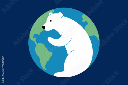 Polar bear standing on globe with earth map