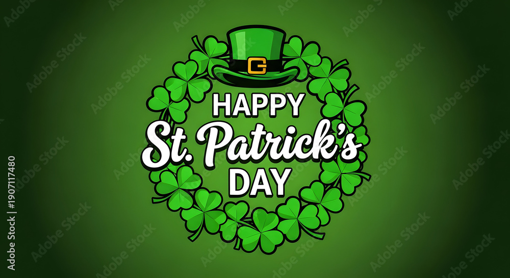 Fototapeta premium Happy st patrick's day celebration with shamrocks and leprechaun hat