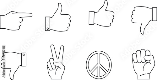 Print Minimalist Universal Hand Gestures Icon Set Featuring Pointing Thumbs Up Thumbs Down Peace Sign and Solidarity Fist Symbols