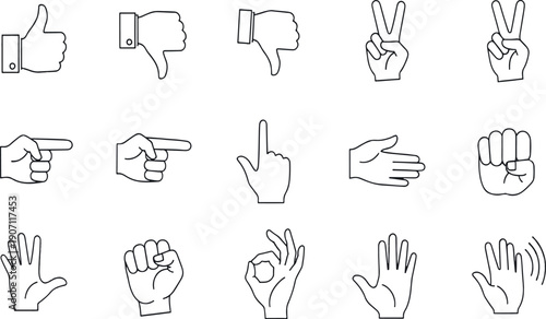 Print Minimalist Hand Gestures Icon Set Featuring Common Non-Verbal Communication Symbols Including Approval Disapproval Directional Pointing and Symbolic Signs