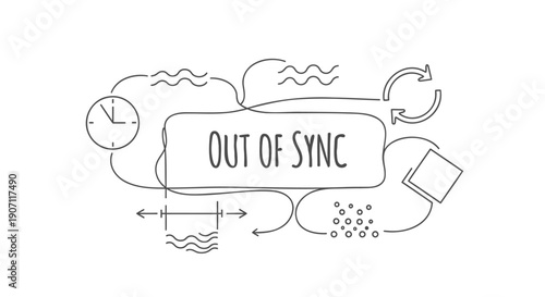 Out of sync concept with clock, arrows, and abstract shapes, vector illustration for poster or presentation