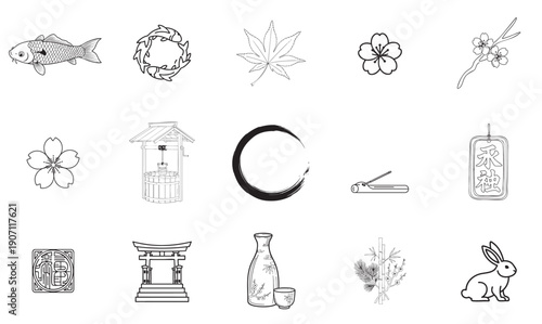 Japanese traditional icons: koi fish, maple leaf, sakura, and bamboo