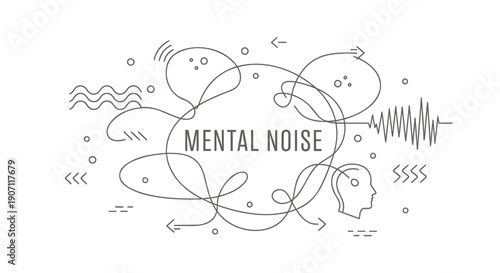 Mental noise concept with line art illustration of a head surrounded by swirling thoughts and sound waves, for mental health or wellness website, presentation, or social media overlay